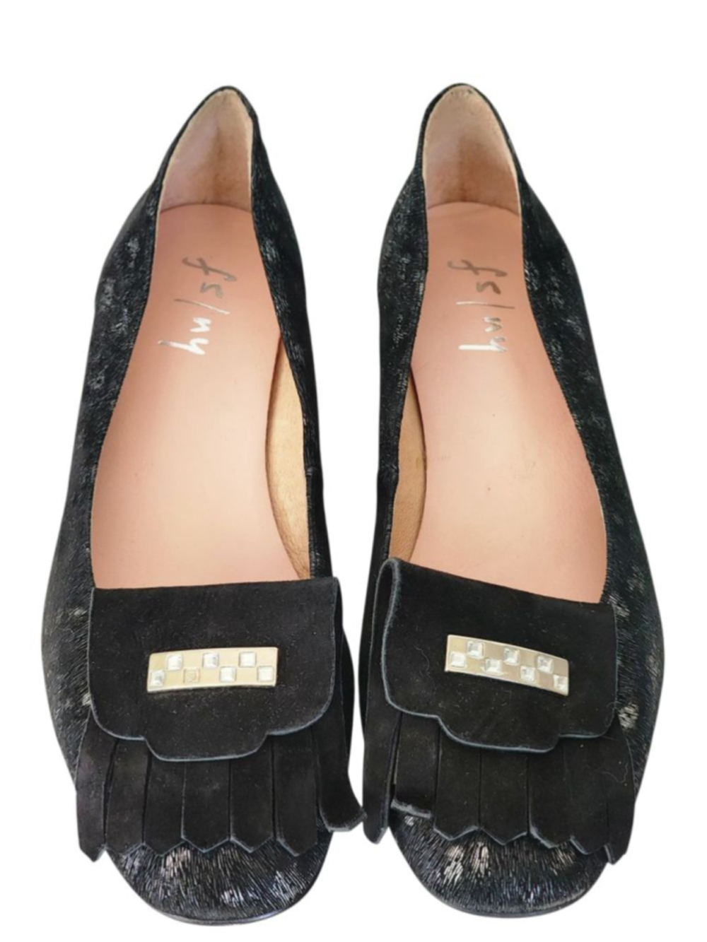 FRENCH SOLE FS/NY Suede Loafer Flats With Crystals Fringe 41 10.5 Black Silver